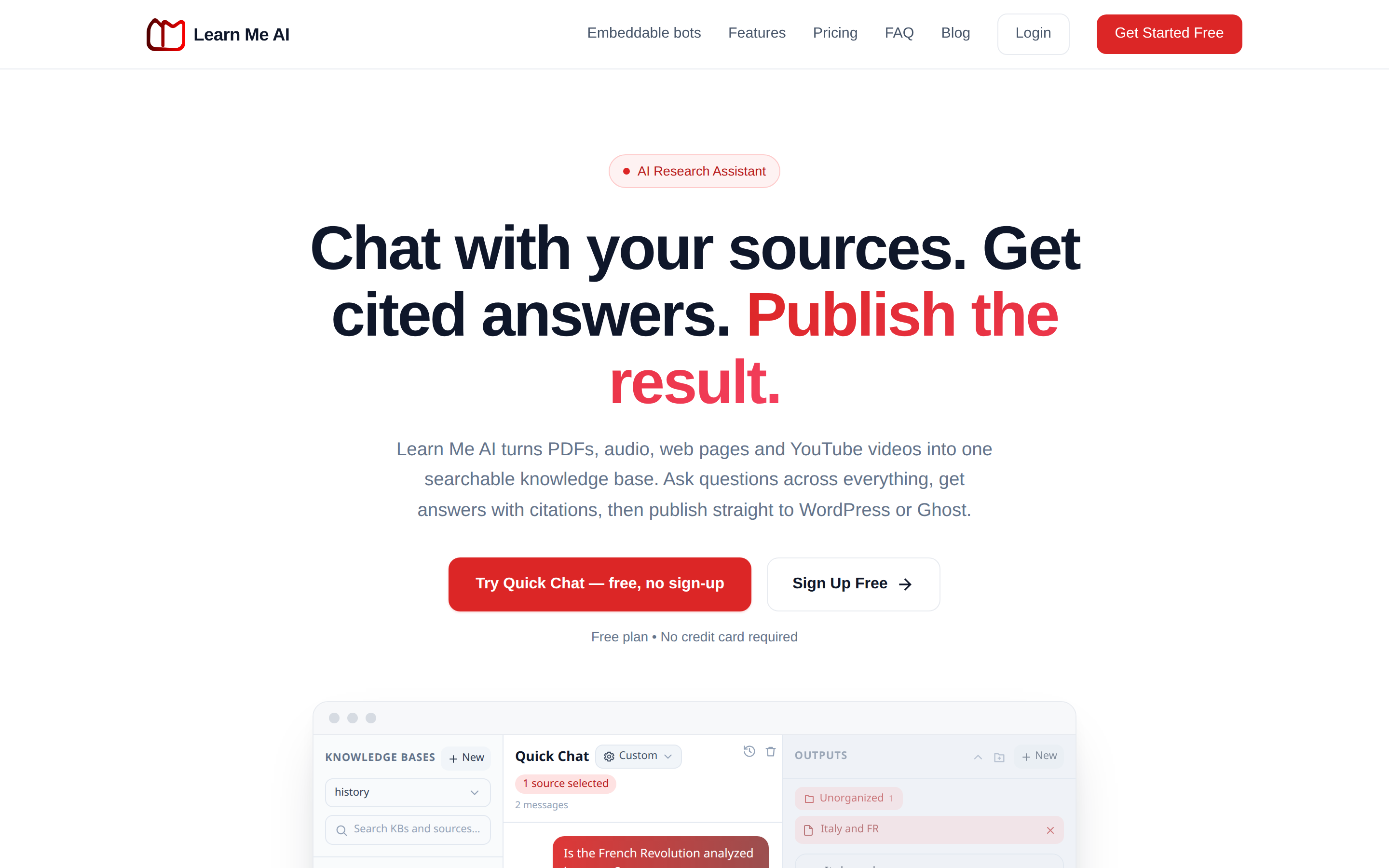 Learn Me AI turns your PDFs, audio, web pages and YouTube into a grounded, cited chatbot you can embed on your site