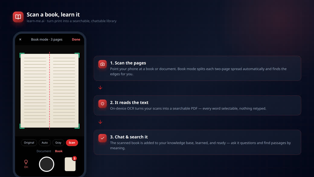 learn-me.ai document scanner: scanning an open book in Book mode, OCR into a searchable PDF, then added to a knowledge base to chat with