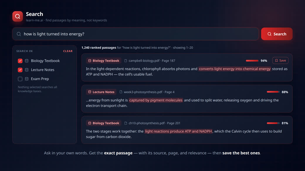 learn-me.ai semantic Search returning ranked passages with source, page number and relevance for the query 'how is light turned into energy?'